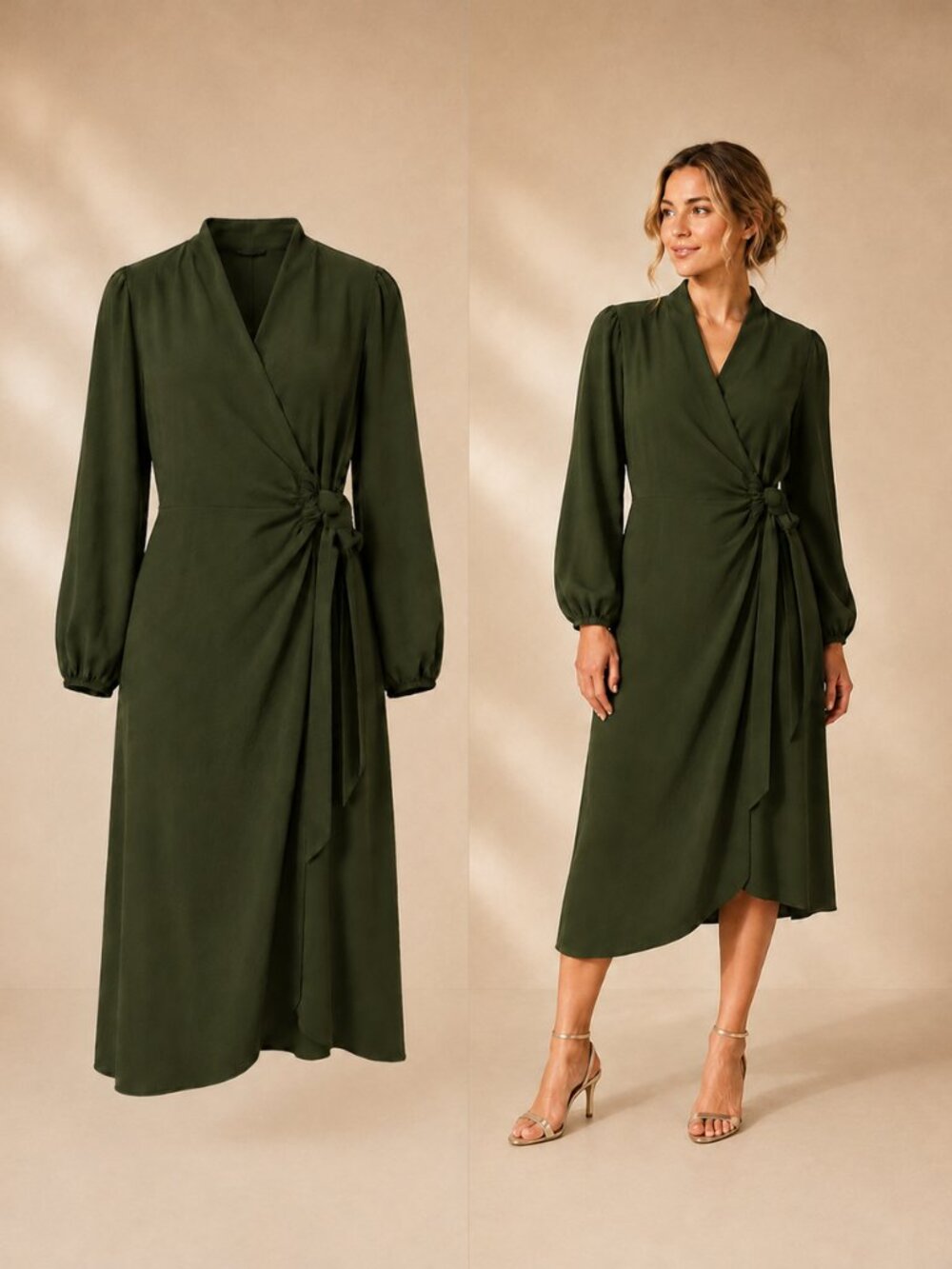 Joie de Vivre Olive Green Side Tie Wrap Midi Dress M Evening Fall Wedding Date